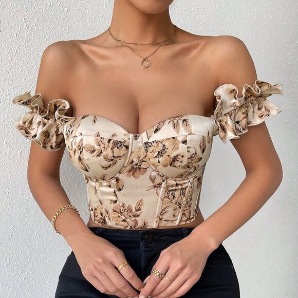 Apricot Boho Women's Floral Print Lace Up Backless Bustier Crop Wide Strap Top - Picture 3 of 6